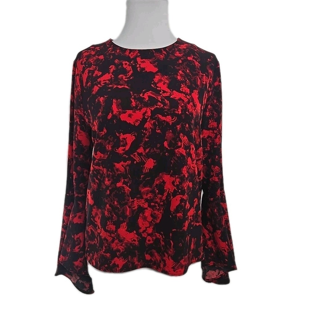 Carmen Marc Valvo Black & Red Floral Long Bell Sleeve Blouse Top Size XS - Picture 1 of 7